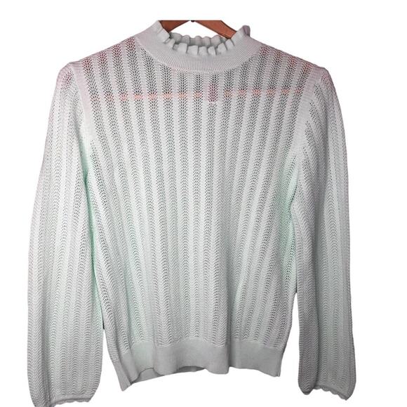 J. Crew Mint Green Sweater Womens M Ruffle Mock Neck Pointelle Knit Pullover NWT - Picture 1 of 9